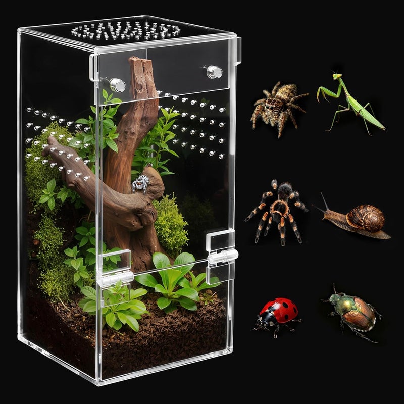 AZV Jumping Spider Enclosure Escape Proof Praying Mantis Habitat Arboreal Tarantula Terrarium with Magnetic Opening Door Baby Spider House Fully Transparent Acrylic Reptile Tank Insect Cage Bug Cribs - Image 1
